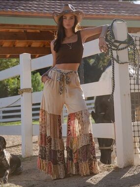 YOUNG THREADS Boho Patchwork Wide-Leg Pants - Beige Multicolor